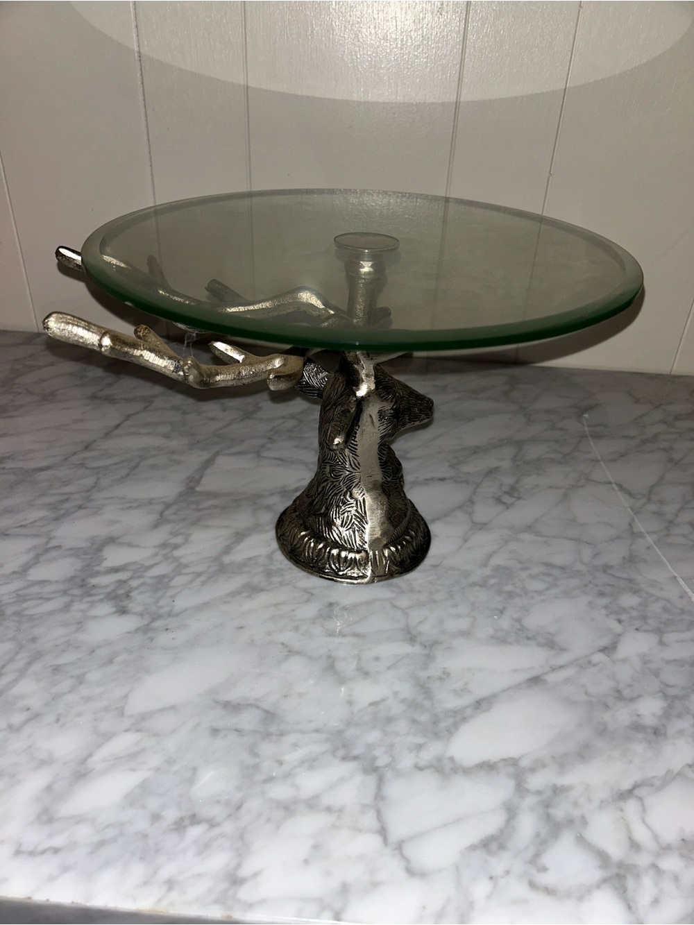 Glass Cake Stand with Silver Deer Head Pedestal - Picture 6 of 7
